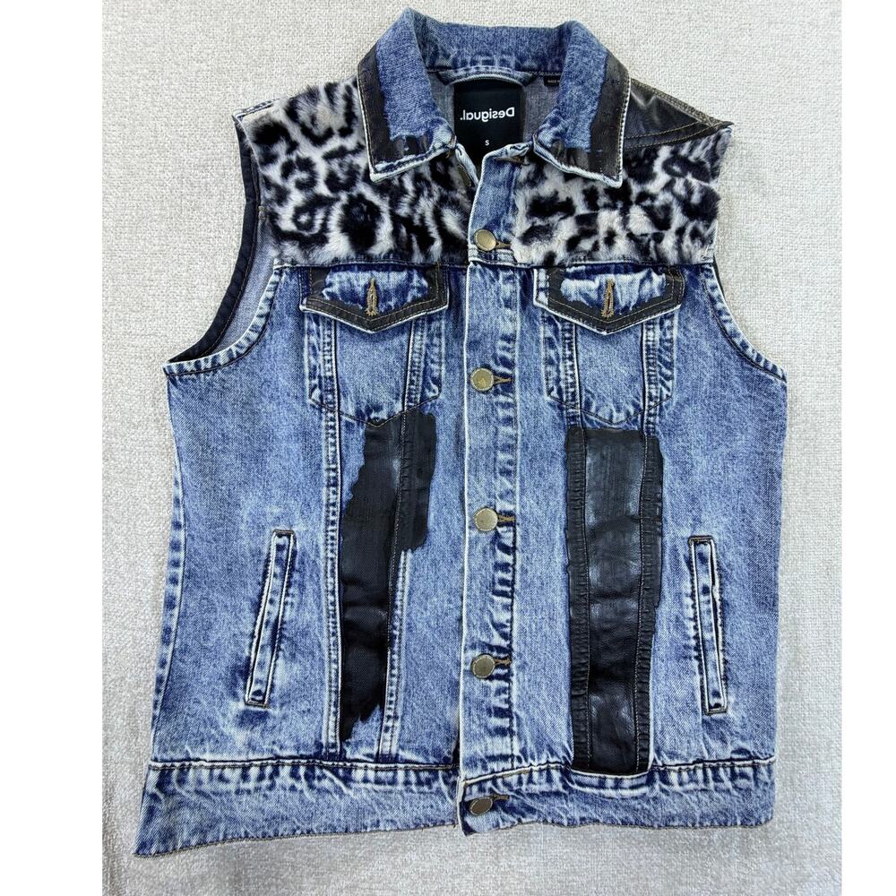 Desigual Women's Black Small Filadelfia Leopard Patch Faux Leather Denim Vest